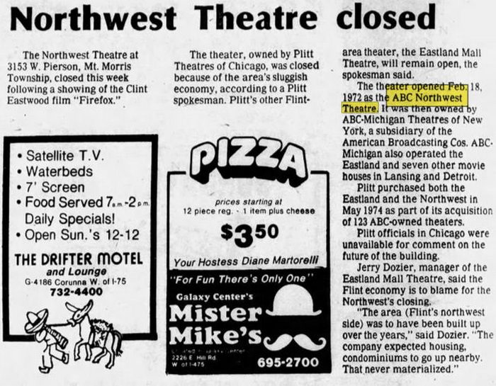 Oct 22 1982 closed Northwest Theatre, Flint